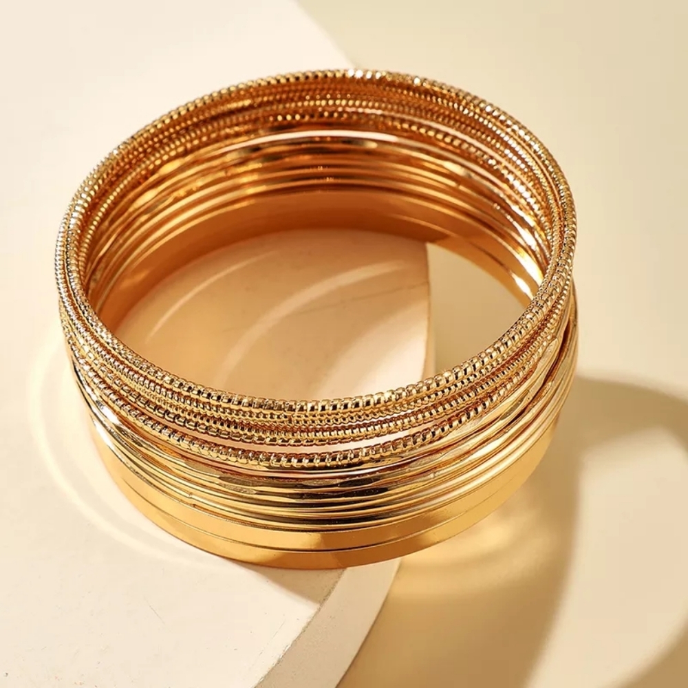 14 Pcs Set of Punk Gold Color Trendy Alloy Metal Bangles